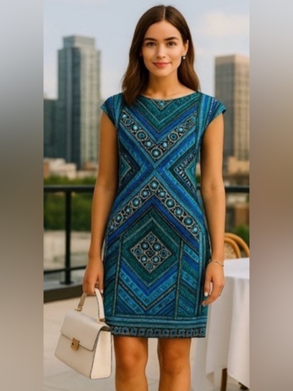 London Style Geometric Dress Black Blue Midi Cocktail Dinner Dress GUC # 816